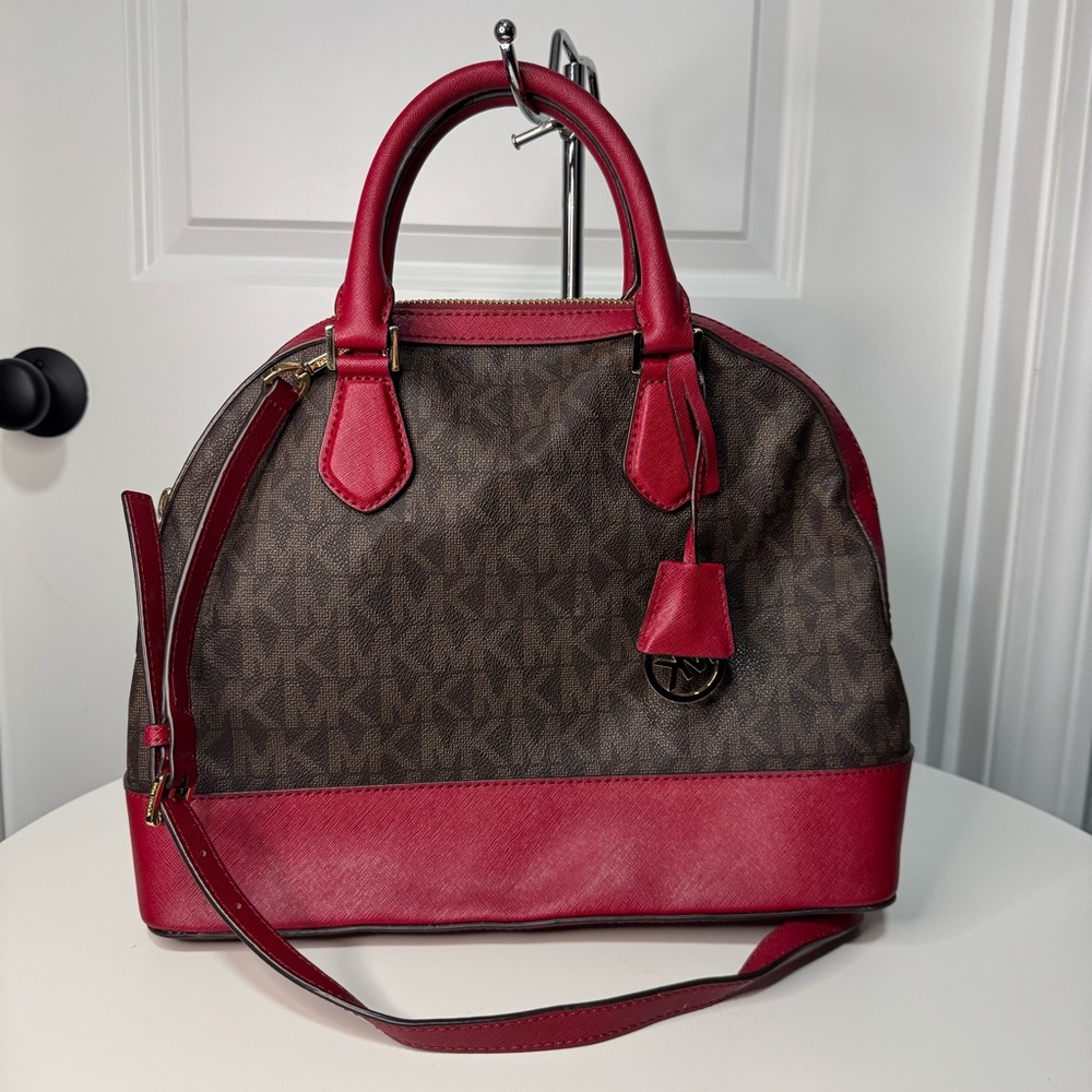 Michael Kors Dome Satchel Brown MK Monogram Red Leather Trim Crossbody